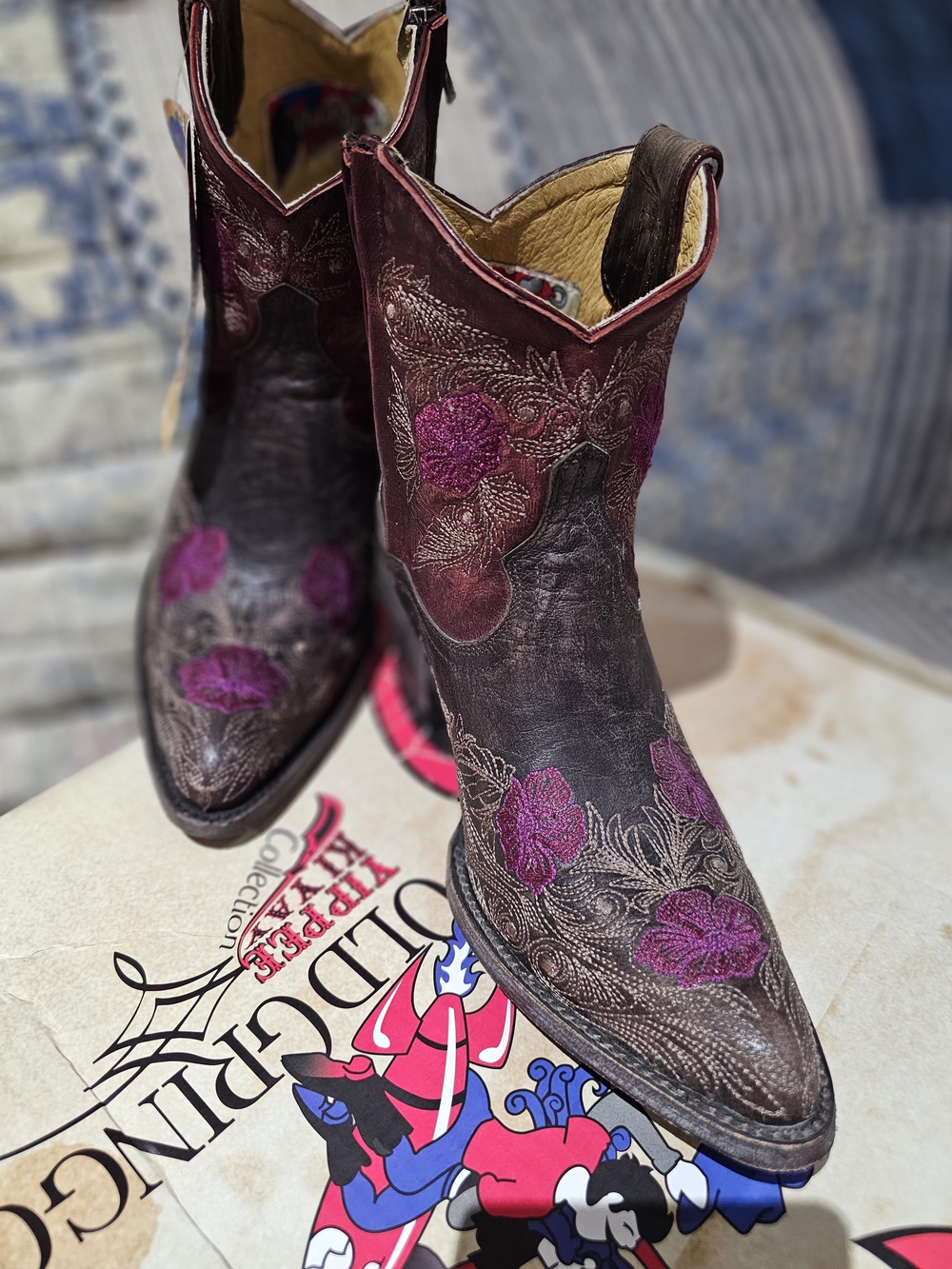Old Gringo Yippie Ki Yay-Leather Ankle Boots with Purple Floral Embroidery, NWT